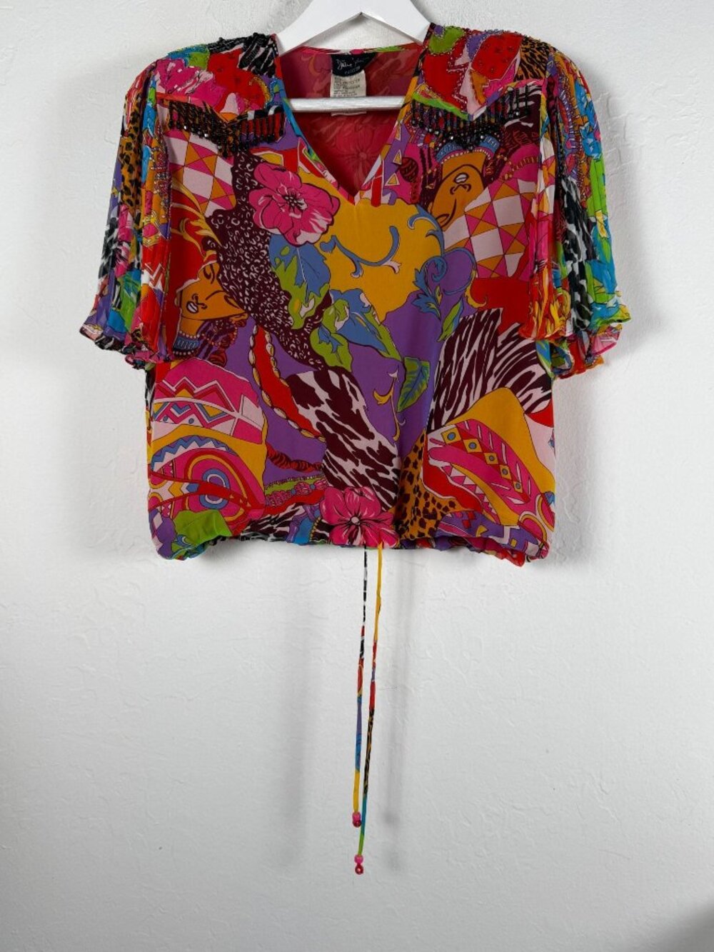 VINTAGE Diane Freis Petites Womens Multicolor Abstract Georgette Beaded Blouse